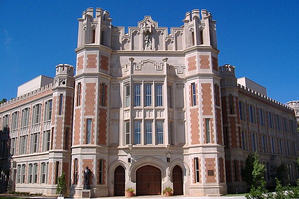 Donald W. Reynolds Center for the Performing Arts, formerly Holmberg Hall, exemplifies the school's architectural style.