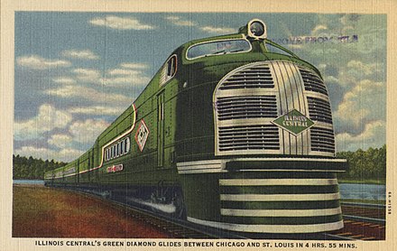 A 1936 postcard promoting the Illinois Central's streamlined Green Diamond