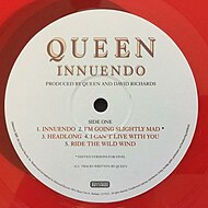 The Innuendo album released by Queen in 1991 on Hollywood Records. Innuendo by Queen album red vinyl.jpg