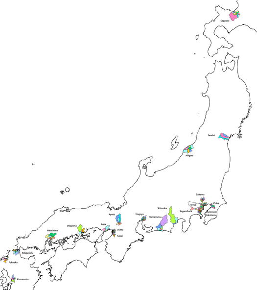 Japanese cities subdivided into wards. Japan wards.png
