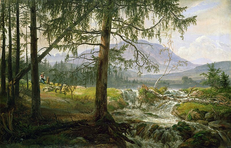 File:Johan Christian Claussen Dahl - Tyrolean Landscape with Spruce Trees and a Waterfall.jpg