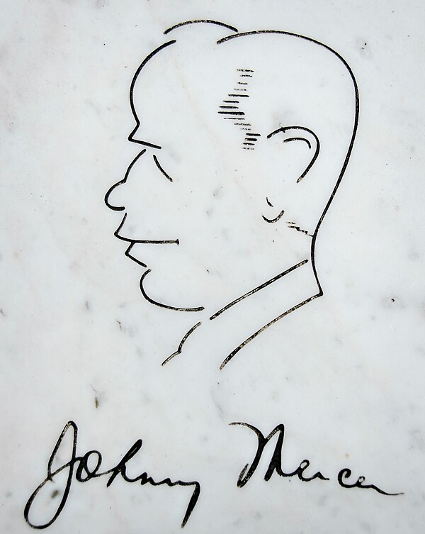 Self-portrait and signature of Johnny Mercer from bench at his grave in Bonaventure Cemetery in Savannah, Georgia.