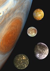 Image 2A composite montage comparing Jupiter (lefthand side) and its four Galilean moons (top to bottom: Io, Europa, Ganymede, Callisto). (from History of physics)