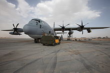 A KC-130J showing the AN/AAQ-30 Targeting Sight and AGM-114 Hellfires on the left wing in Afghanistan, 2011 KC-130J Harvest Hawk (front) at Camp Dwyer Afghanistan 2011.JPG