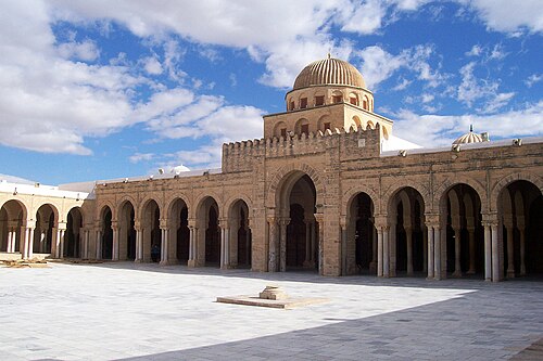 The Great Mosque of Kairouan, erected in 670 by the Arab general Uqba Ibn Nafi, is the oldest mosque in North Africa.[28] Kairouan, Tunisia.