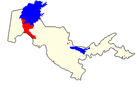 Distribución del idioma Karakalpak (rojo) en el territorio de Uzbekistán