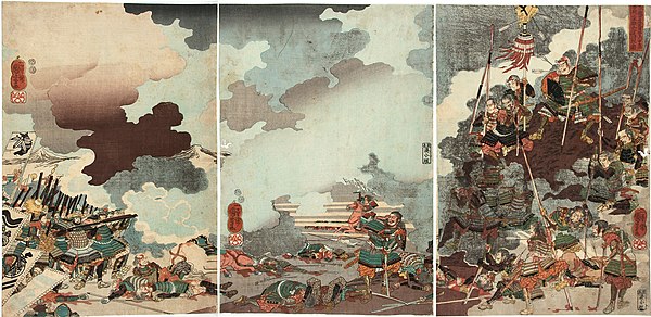 The death of Yamamoto Kansuke, woodblock print by Utagawa Kuniyoshi (1847–48). Wounded and believing his strategy had failed, Kansuke retired to a nea