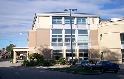 Rear view of the Kent Free Library showing the drive-through pick-up area on the left