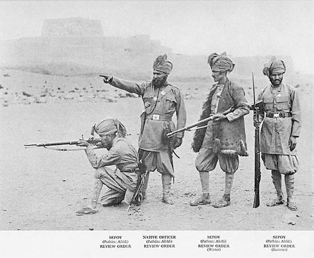 Pictured are troops of the Khyber Rifles, now part of the Frontier Corps, striking a pose, c. 1895.