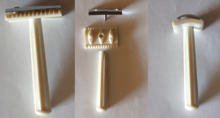 A three-piece British 'knockout' safety razor made from Bakelite and steel, probably from between 1930s-1950s Knockout-Bakelite-Rz.png