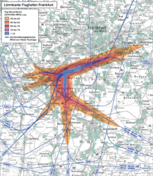 Lärmkarte des Flughafens Frankfurt Main mit den Abflugrouten (Lärmminderungsrouten)