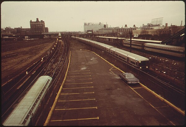 The Steinway Tunnel's Queens portals at left; to the right are the East River Tunnels' portals. Pictured in April 1974.