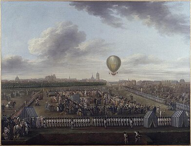 La 14e expérience aérostatique de Monsieur Blanchard accompagné du Chevalier Lépinard, Lille, 26 août 1785, pintura de Louis Joseph Watteau