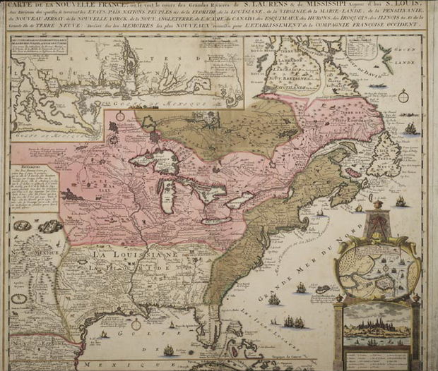 Lower Louisiana in the white area – the pink represents Canada – part of Canada below the great lakes was ceded to Louisiana in 1717.  Brown represents British colonies (map before 1736)