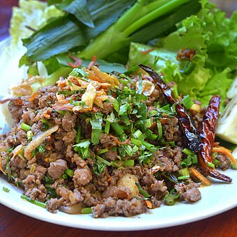 Larb khua mu, a stir-fried northern Thai larb made with pork, in Chiang Mai