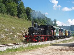 Chemin de fer touristique Pontarlier-Vallorbe, appelé « Coni'fer », train dans la campagne.