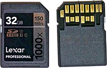 Lexar SDXC UHS-II memory card (front and back) manufactured while the company was owned by Micron Lexar Professional 1000x 128GB SDXC UHS-II Card (tidied).jpg