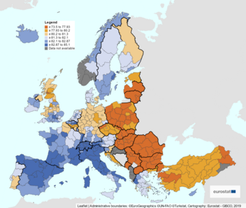 ОПЖ в регионах Великобритании на фоне других регионов Европы в 2017 и 2018 годах, согласно Евростату[4][5](легенды на картах разные) 