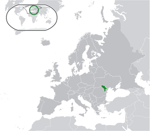 Молдавия на карте Европы. Светло-зелёным обозначена территория непризнанной Приднестровской Молдавской Республики, где с 1992 года располагаются Объединённые миротворческие силы России, Молдавии, Украины и Приднестровья
