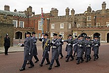 Members of the King's Colour Squadron formerly known as the Queen's Colour Squadron at St James Palace. The ceremonial unit mounts the King's Guard for several weeks each year. London the mall - Queen's Colour Squadron - 14.JPG