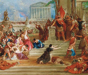 Roman general Lucius Mummius Achaicus leading The Sack of Corinth, by Thomas Allom Lucius Mummius Achaicus in The Sack of Corinth, by Thomas Allom.jpg