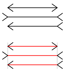 The Muller-Lyer illusion. Psychologists make inferences about mental processes from shared phenomena such as optical illusions. Muller-Lyer illusion.svg