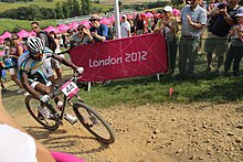 Adrien Niyonshuti, "one of the most famous people in Rwanda", competing in the cross-country mountain biking event at the 2012 Summer Olympics MTB cycling 2012 Olympics M cross-country RWA Adrien Niyonshuti.jpg