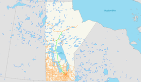 La route 6 du Manitoba apparaissant en vert (toucher pour agrandir)
