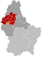 Комуна Нойнгаузен (помаранчевий), кантон Вільц (темно-червоний) та округ Дикірх (темно-сірий) на карті Люксембургу