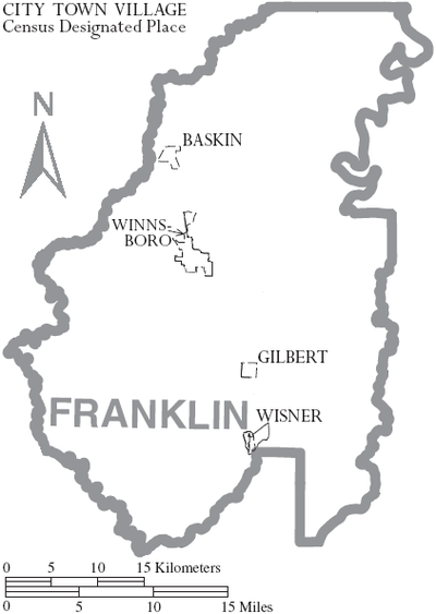 Map of Franklin Parish, Louisiana With Municipal Labels