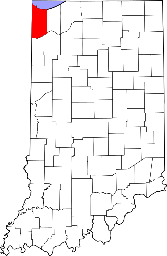 Location of Lake County in Indiana Map of Indiana highlighting Lake County.svg