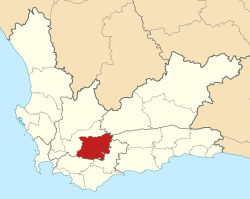 Kaart van Suid-Afrika wat Langeberg in Wes-Kaap aandui