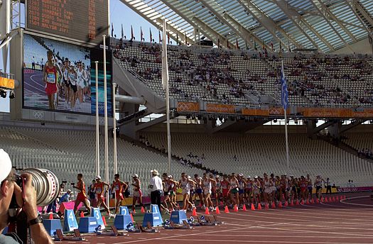 Athletes leaving the stadium Men's 20 km walk at 2004 Summer Olympics 1.JPEG