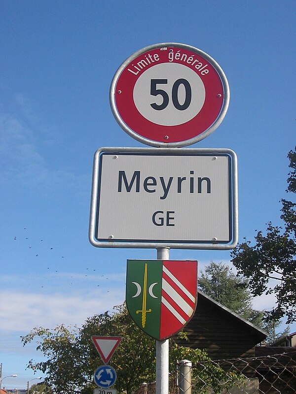 This sign at the western edge of Meyrin features the coat of arms of the community.