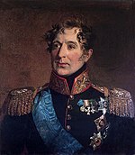 Painting of a middle-aged man with curly hair and sideburns. He wears a dark military coat with a high collar and epaulettes and a number of decorations.