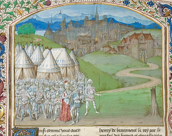 15th-century illustration showing Queen Isabella and Roger Mortimer; execution of Hugh Despenser the Younger in the background