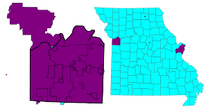 Map of Missouri counties and cities that have sexual orientation and/or gender identity anti-employment discrimination ordinances
Sexual orientation and gender identity with anti-employment discrimination ordinance
Sexual orientation in public employment Missouri counties and cities with sexual orientation and gender identity protection.svg