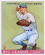 Baseball card with a green background and the likeness of a catcher with the name "Morris (Moe) Berg".