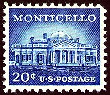 On April 13, 1956, the U.S. Post Office issued a postage stamp honoring Monticello. Montcello 1956 Issue-20c.jpg