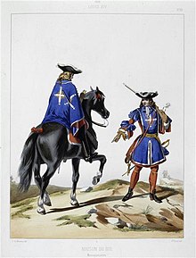 French Musketeers of the Guard wearing tricorne hats in 1688. Mousquetaires-de-la-maison-du-roi-.jpg