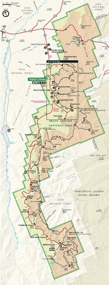 In this map of Bryce Canyon National Park, Utah, the main map has been rotated to fit the page better; a north arrow (upper left) is necessary to avoid confusion. Note the very simple scale bar, which is effective at giving a general sense of size on a map in which users are not expected to make precise measurements. The light but non-white background color enables the use of white as a map symbol (the county boundary across the center). Also note the central box showing the location of a separate detail inset map. NPS bryce-canyon-national-park-map.pdf