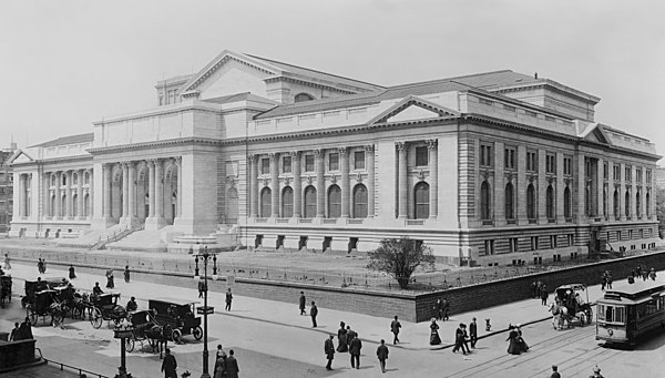 The New York Public Library Main Branch during its late stage construction in 1908 with the lion statues not yet installed at the entrance