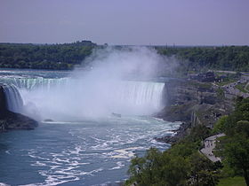 Niagara Falls, one of Ontario's most noted tourist destination and a source for hydroelectricity Niagara Falls and Maid of the Mist 2005.JPG