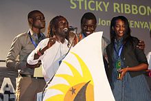 From left, Bill Afwani, Njue Kevin, Brian Achar & Maureen Koech while receiving the prize at Zanzibar International film festival.