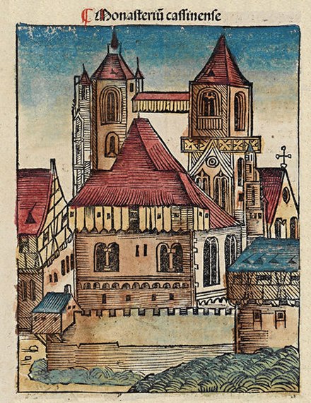 Woodcut of the abbey from the late 15th-century Nuremberg Chronicle (folio 144 recto)
