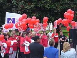 Members of the New Zealand Nurses Organisation on the steps of Parliament House seeking pay parity for the primary health care sector Nursesprotestwellington.JPG