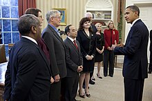 Professor Cebe meeting with President Obama at the awards reception for Excellence in Science, Mathematics, and Engineering Mentoring, 2010 Obama with the 2010 awardees for the Excellence in Science, Mathematics and Engineering Mentoring.jpg
