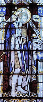 Detail of the St John window in St John the Baptist's Church, Old Malden, London Old Malden, St John the Baptist's Church, Stained glass Coronation window (detail).jpg