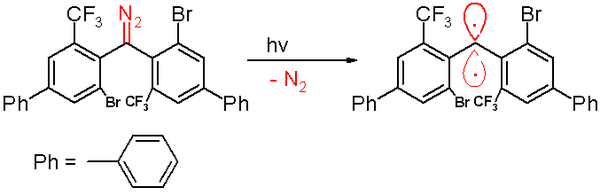 A persistent triplet carbene (right), synthesized by Itoh (2006) Persistent triplet carbene.png
