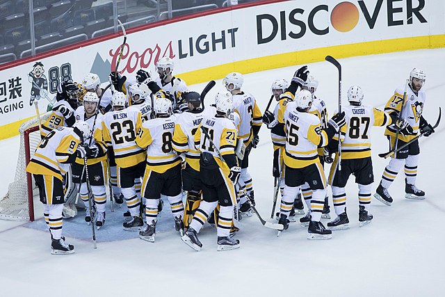 The Penguins celebrate after winning game seven of their series against the Washington Capitals.